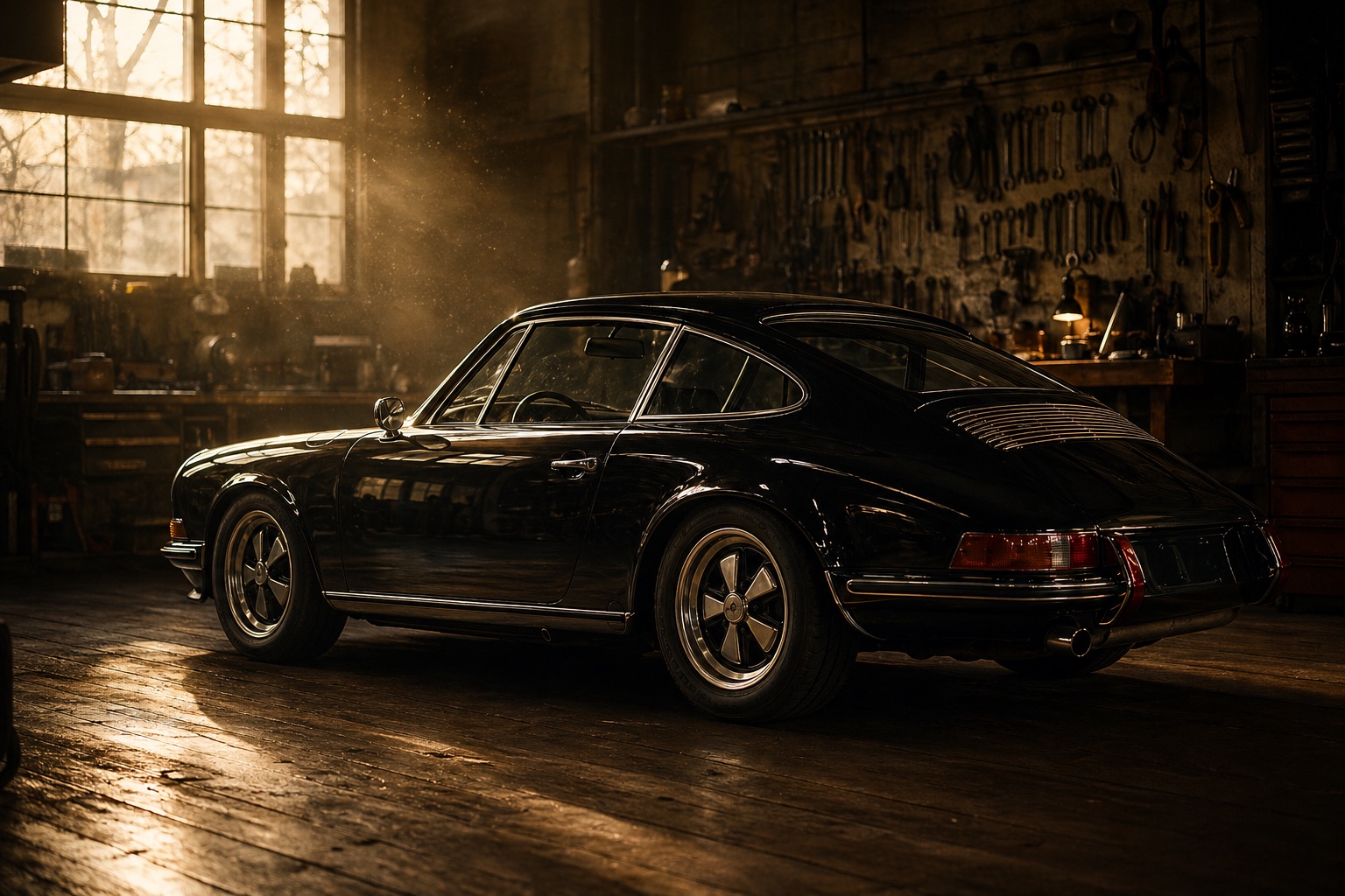 Porsche 911 w warsztacie — golden hour